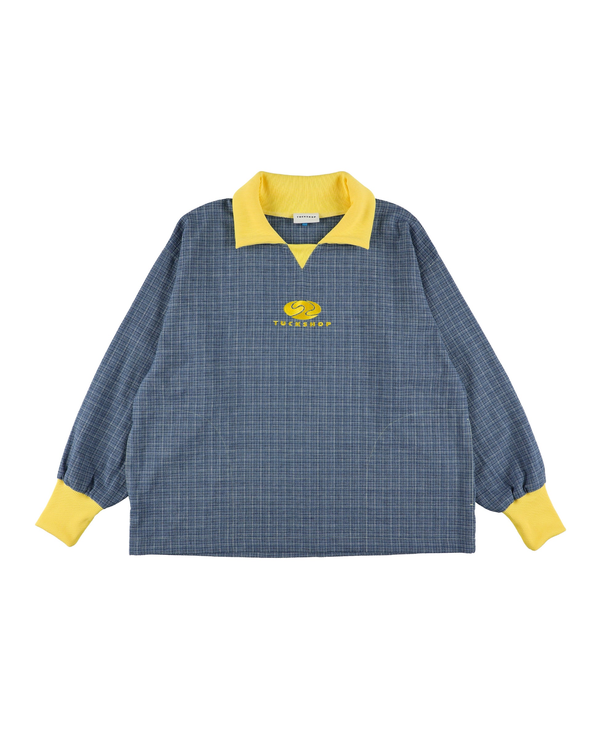 FOOTBALL POLO PULLOVER、チェック柄とイエローの襟付きデザインのフットボールシャツ型プルオーバー。