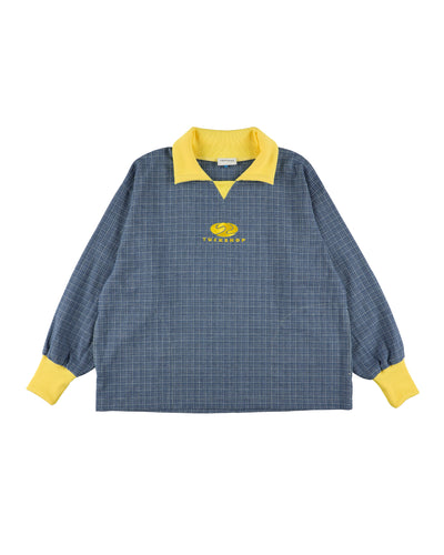 FOOTBALL POLO PULLOVER、チェック柄とイエローの襟付きデザインのフットボールシャツ型プルオーバー。