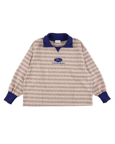 FOOTBALL POLO PULLOVER、ストライプデザインの襟付きプルオーバー、ロゴ刺繍付き、ドロップショルダー。