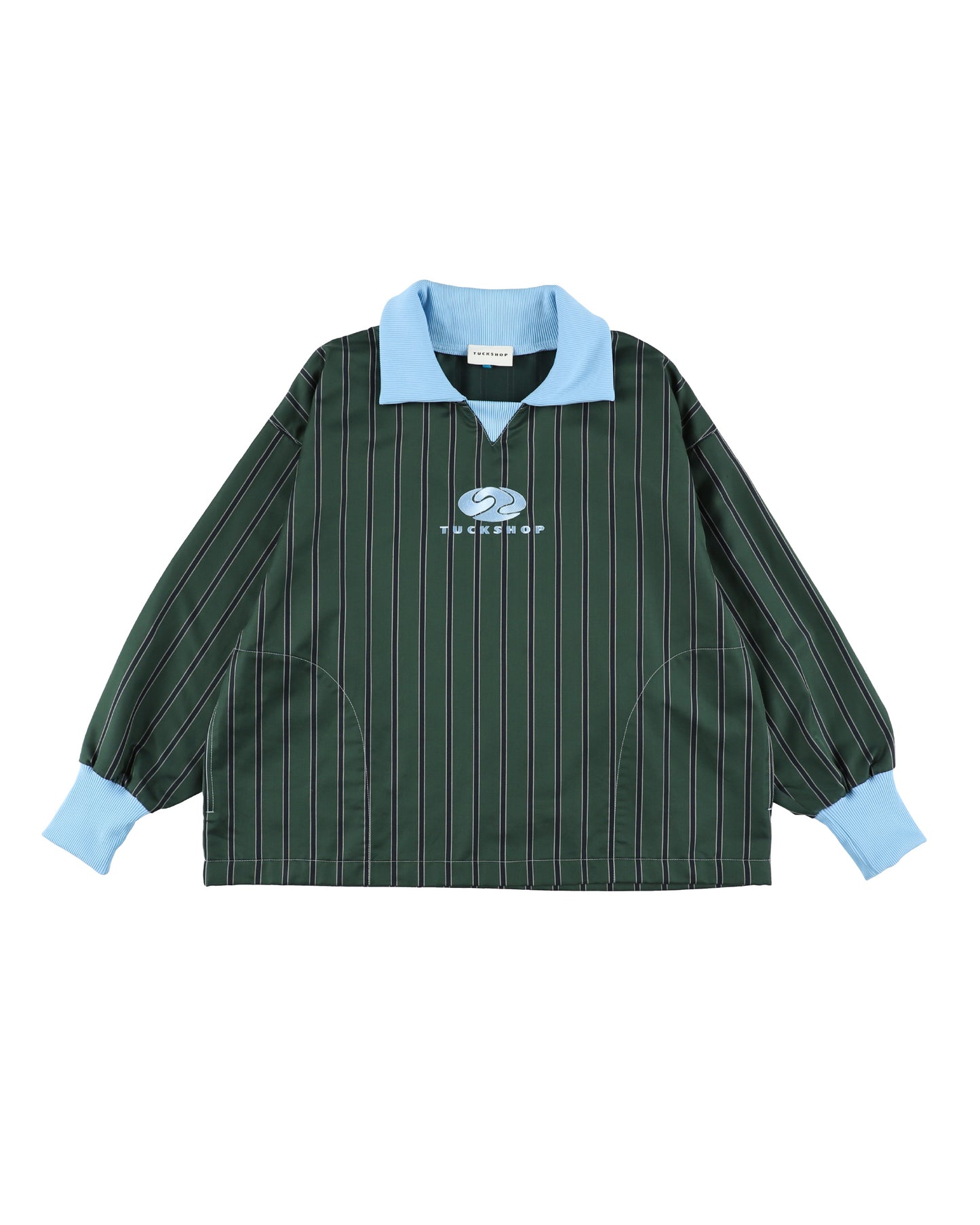 FOOTBALL POLO PULLOVER、ストライプデザインの襟付きプルオーバー、青い首回りとロゴ刺繍入り