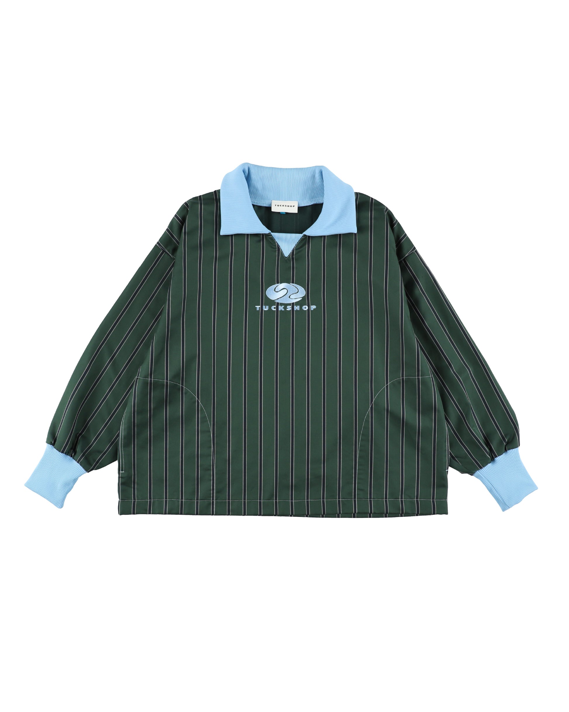 FOOTBALL POLO PULLOVER、ストライプデザインの襟付きプルオーバー、青い首回りとロゴ刺繍入り