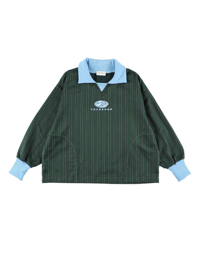 FOOTBALL POLO PULLOVER、ストライプデザインの襟付きプルオーバー、青い首回りとロゴ刺繍入り