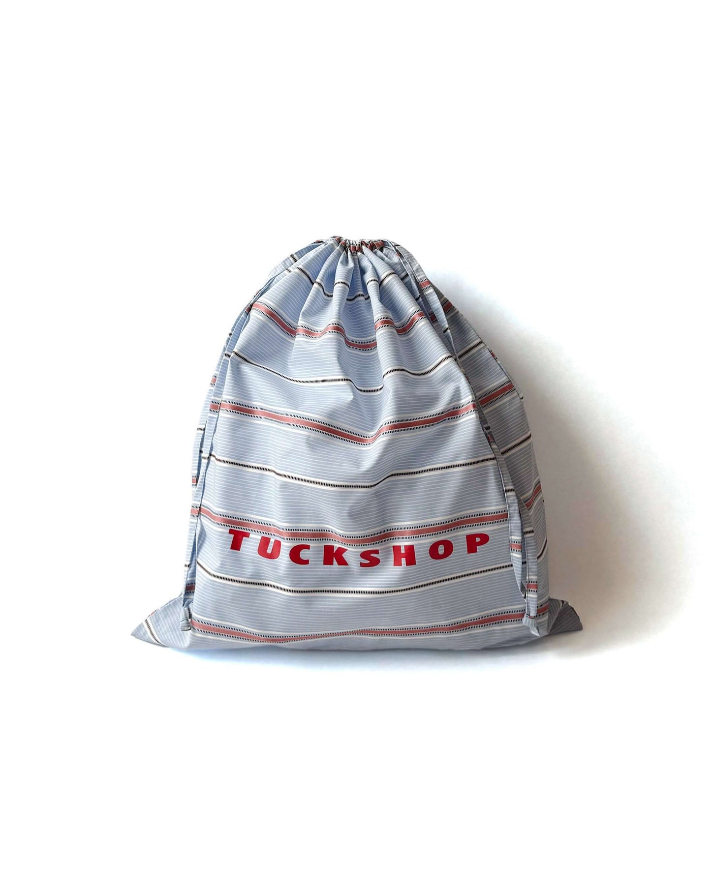 TUCKSHOPのストライプ柄GIFT BAG、コットン素材のドローストリング巾着バッグ。