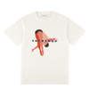 White cotton t-shirt with a graphic print featuring a minimalist figure and the word 'TUCKSHOP'.