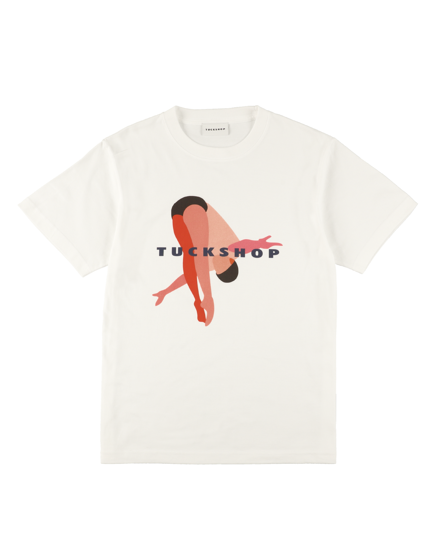 White cotton t-shirt with a graphic print featuring a minimalist figure and the word 'TUCKSHOP'.