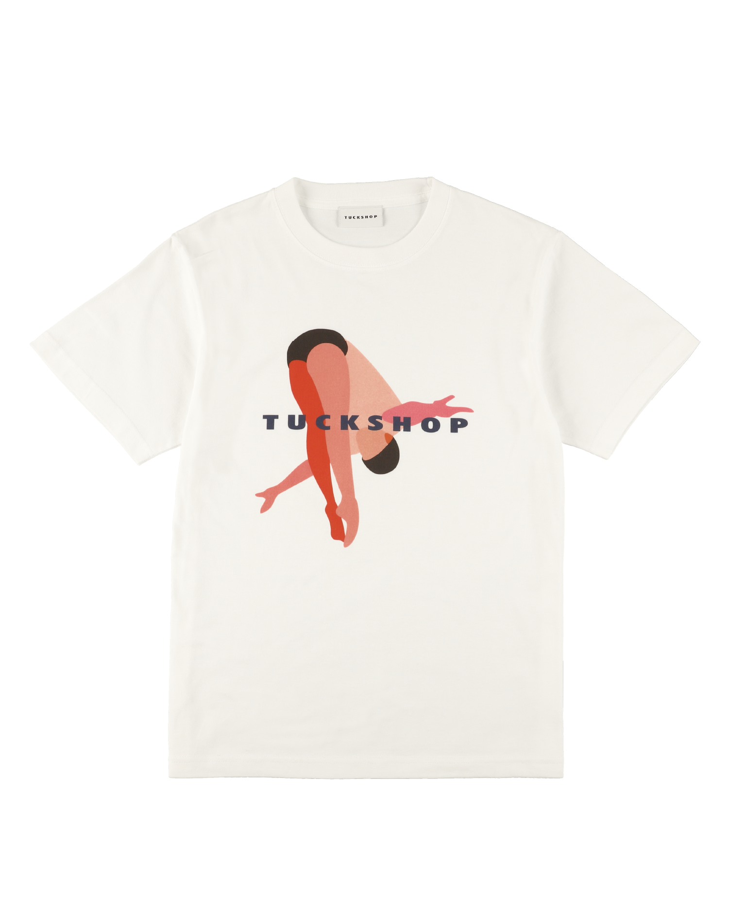 White cotton t-shirt with a graphic print featuring a minimalist figure and the word 'TUCKSHOP'.