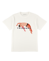 White cotton t-shirt featuring a colorful graphic print and the word 'TUCKSHOP' on the front.