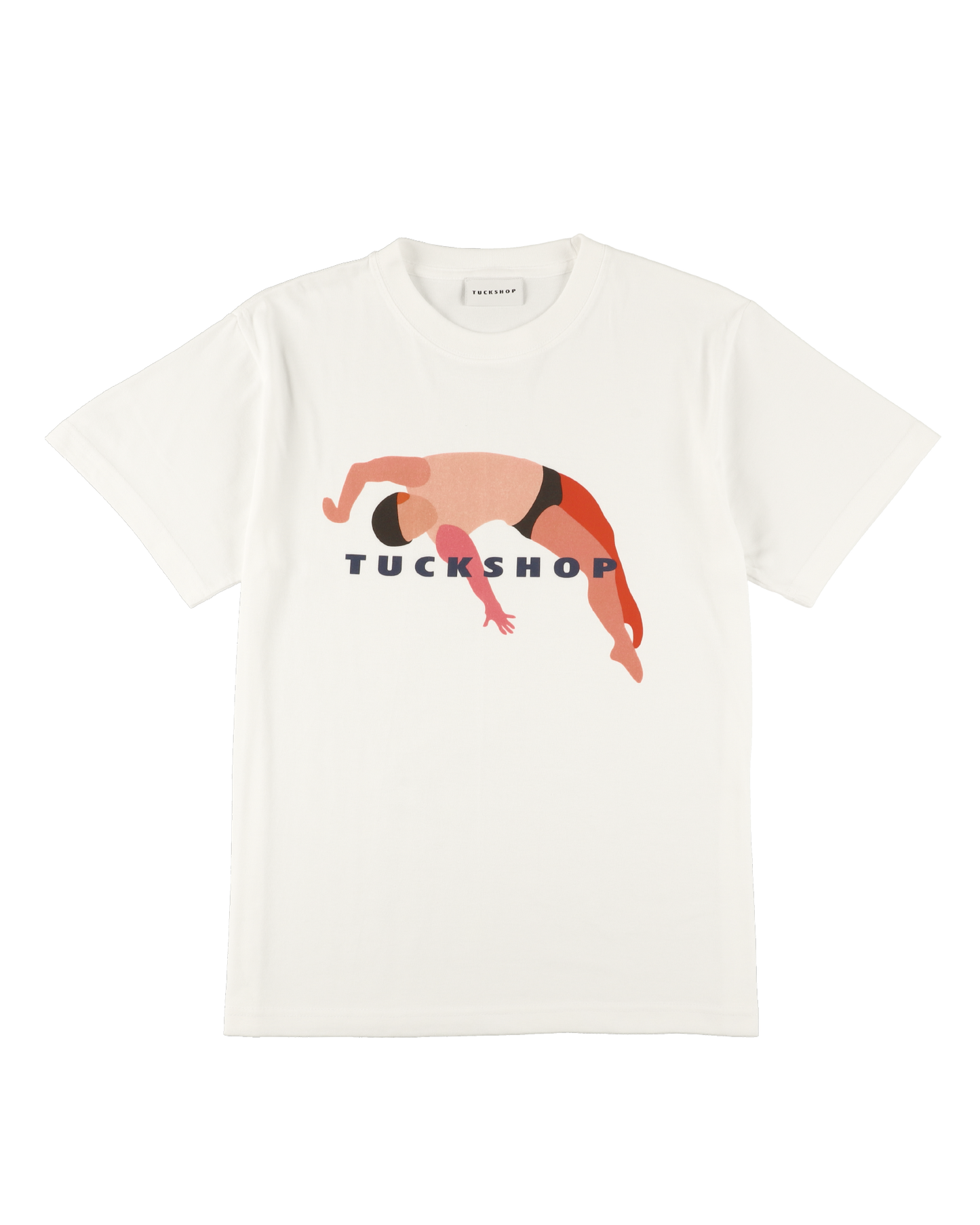 White cotton t-shirt featuring a colorful graphic print and the word 'TUCKSHOP' on the front.
