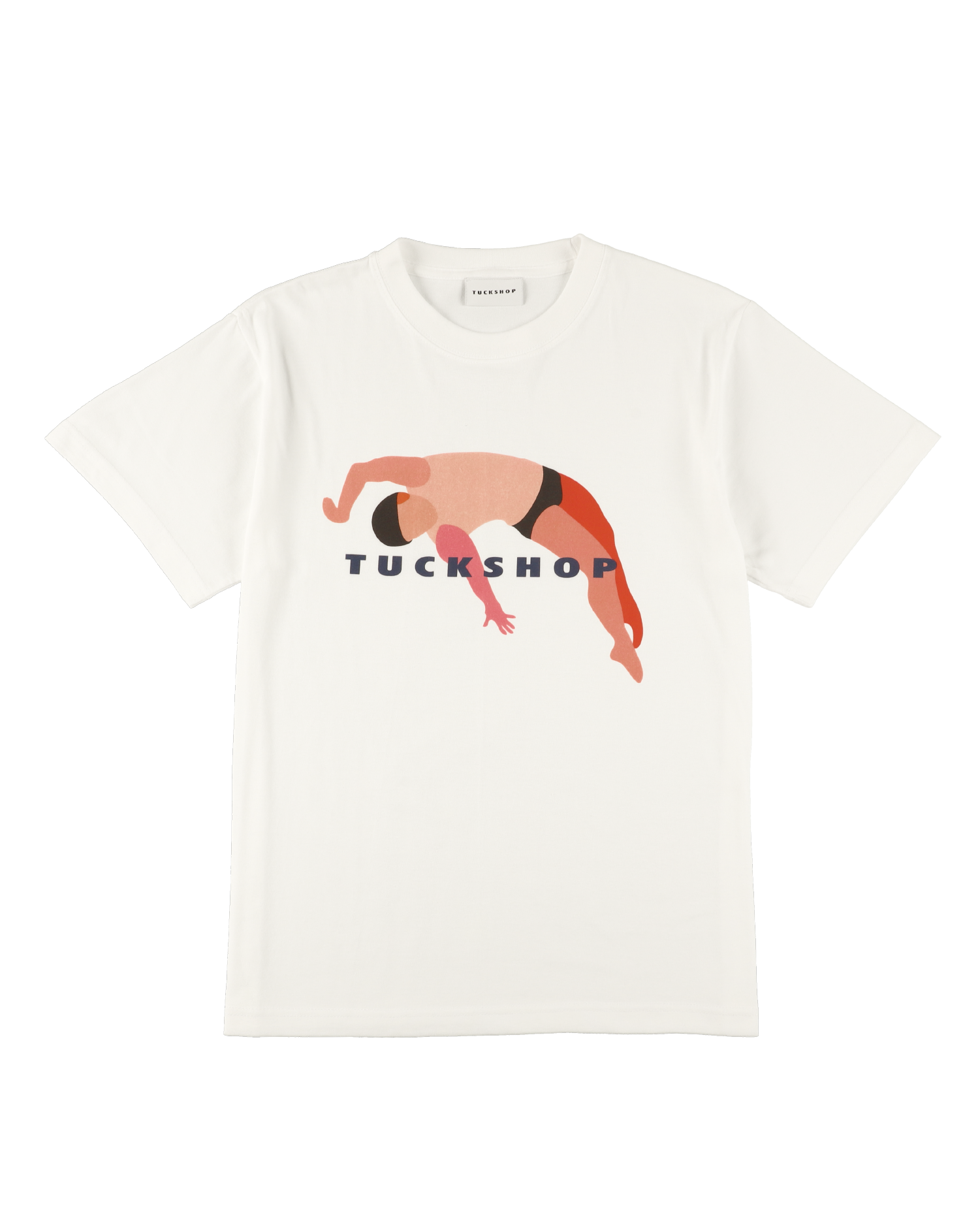 White cotton t-shirt featuring a colorful graphic print and the word 'TUCKSHOP' on the front.