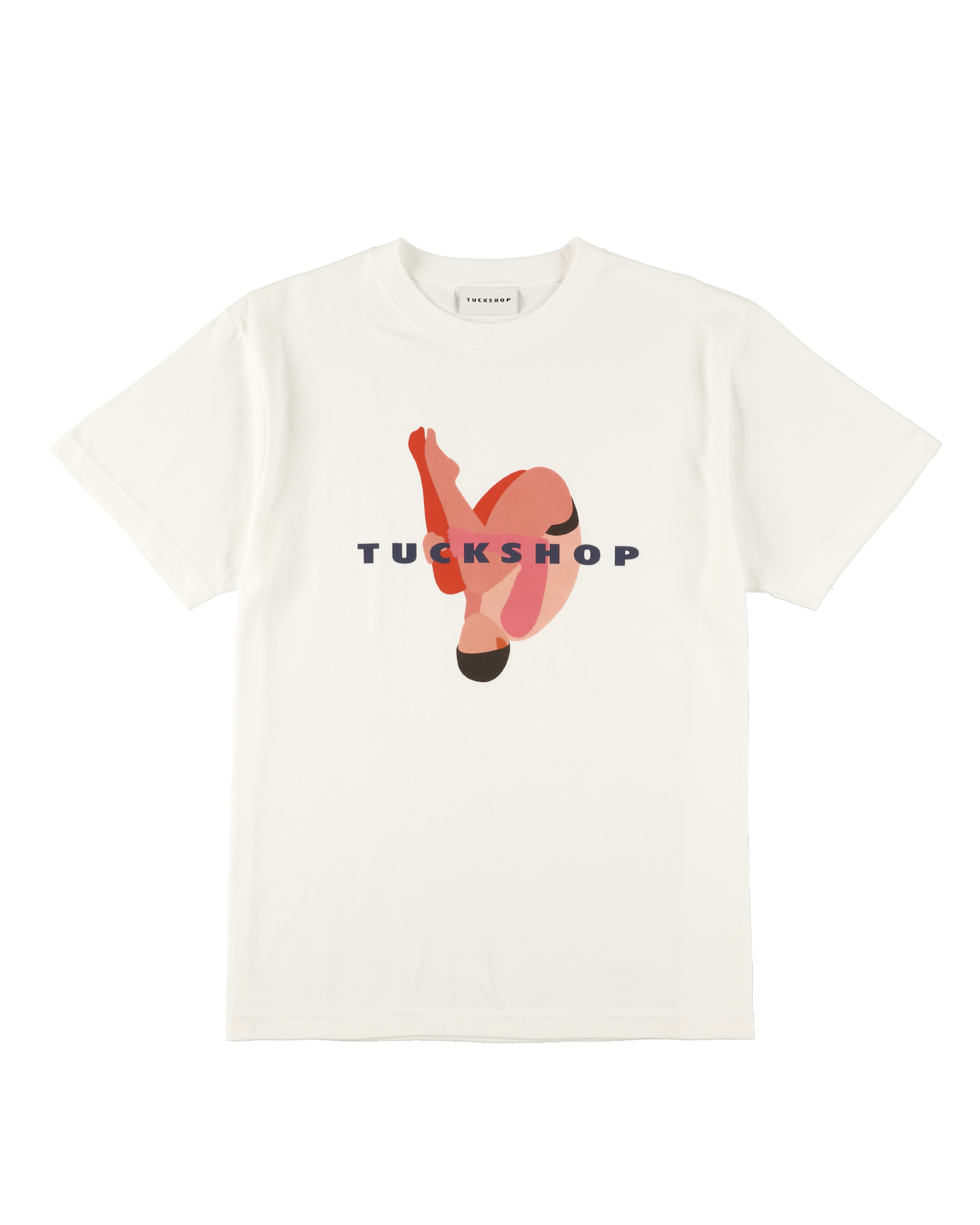 White T-shirt featuring a colorful graphic design with the text 'TUCKSHOP' on the front.