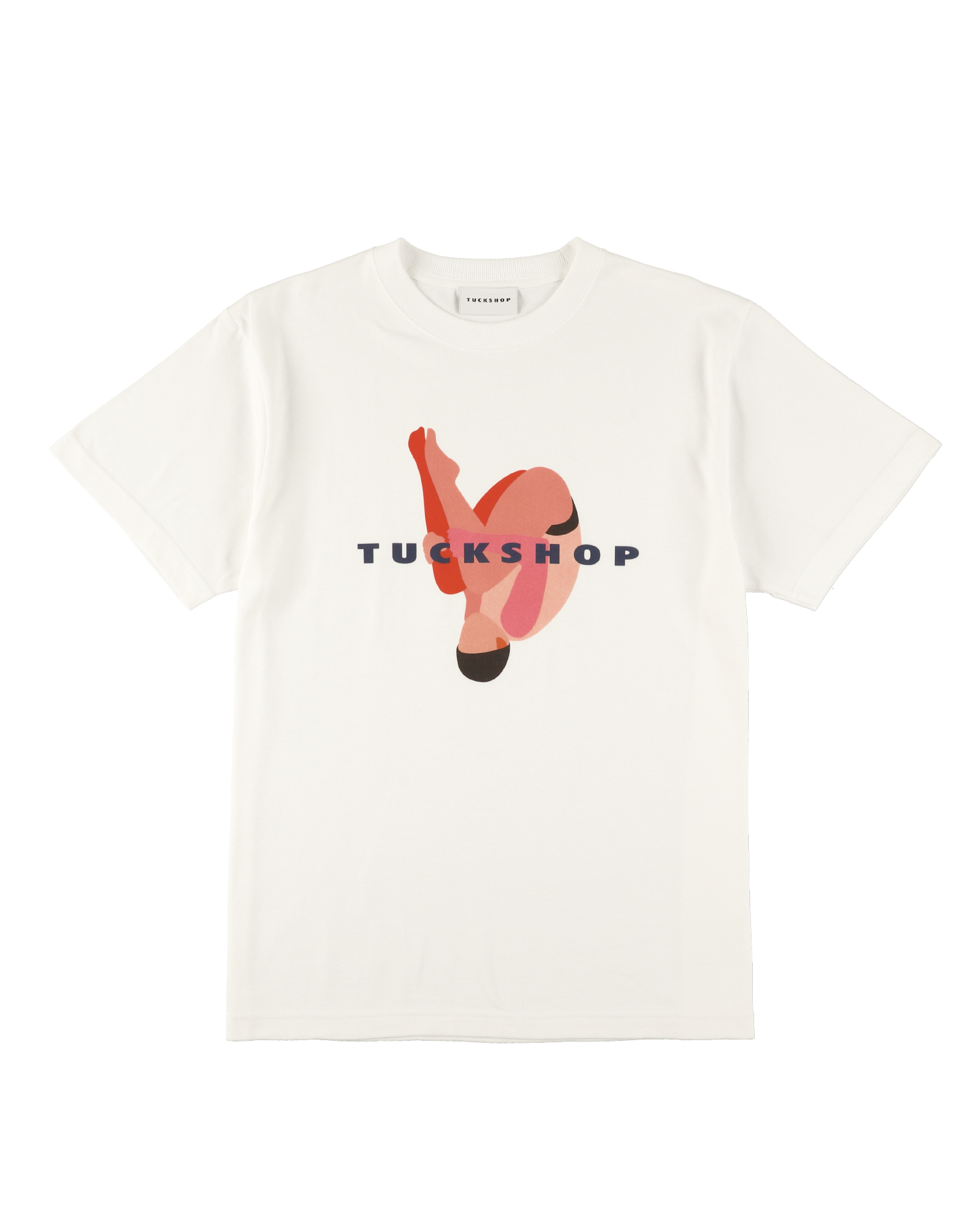 White T-shirt featuring a colorful graphic design with the text 'TUCKSHOP' on the front.