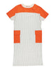 PANELED MAXI DRESS with orange sleeves and striped pattern, featuring front pockets for a stylish look.